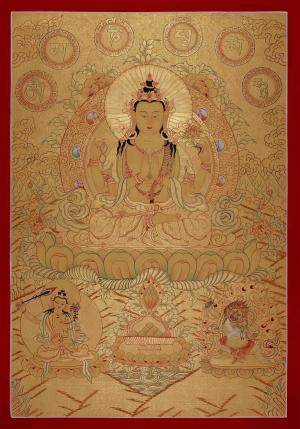 Hand-Painted Gold Style Four Armed Chenrezig With Its Mantra on Top | Avalokiteshvara Arts | Bodhisattva Thangka